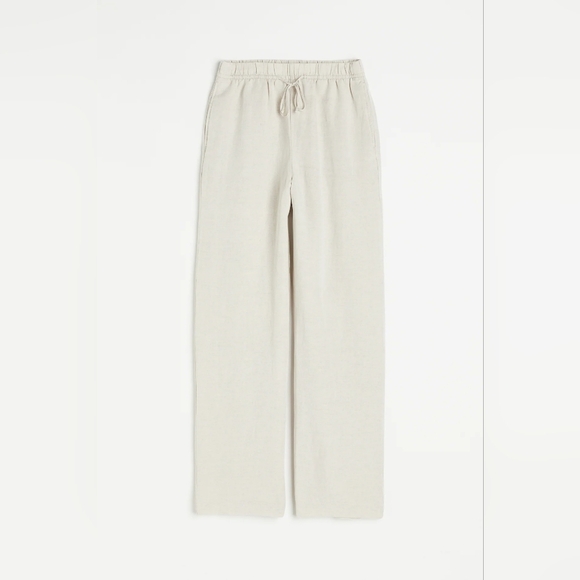 H & M Linen Blend Pull On Cream Drawstring Pants M - Picture 1 of 8